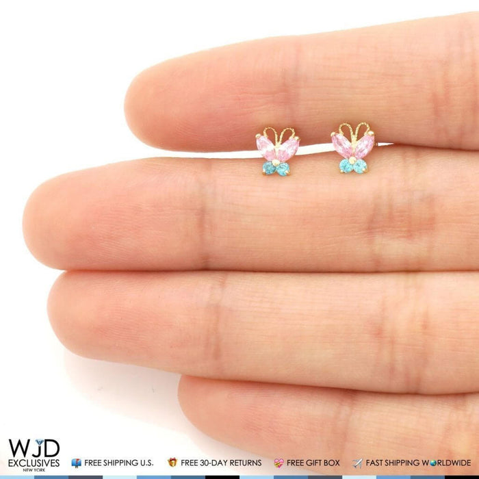 14K Yellow Gold Pink Tourmaline Blue Topaz Butterfly Screw Back Stud Earrings