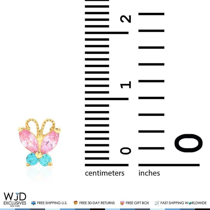 14K Yellow Gold Pink Tourmaline Blue Topaz Butterfly Screw Back Stud Earrings