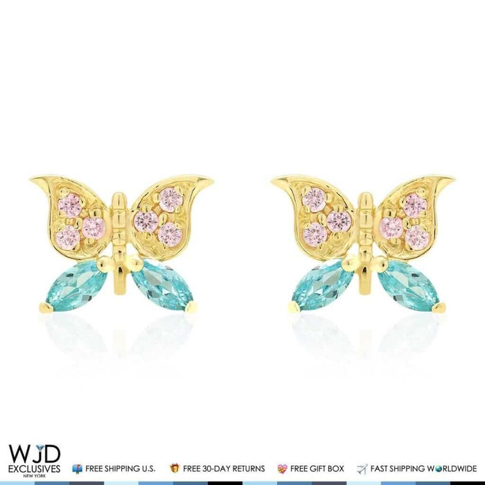 14K Yellow Gold Pink Tourmaline & Blue Topaz Butterfly Screw Back Stud Earrings