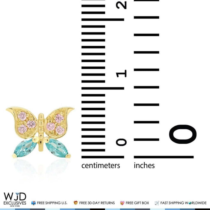 14K Yellow Gold Pink Tourmaline & Blue Topaz Butterfly Screw Back Stud Earrings