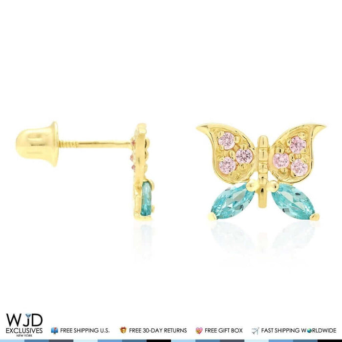 14K Yellow Gold Pink Tourmaline & Blue Topaz Butterfly Screw Back Stud Earrings