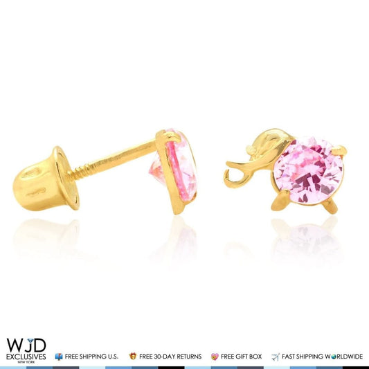 14K Yellow Gold Round Pink Tourmaline Elephant Baby Screwback Stud Earrings