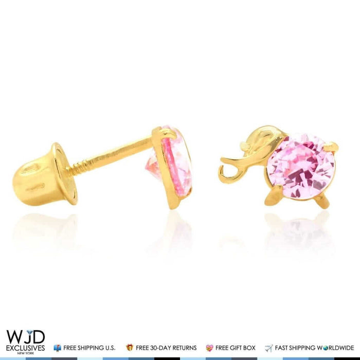 14K Yellow Gold Round Pink Tourmaline Elephant Baby Screw Back Stud Earrings