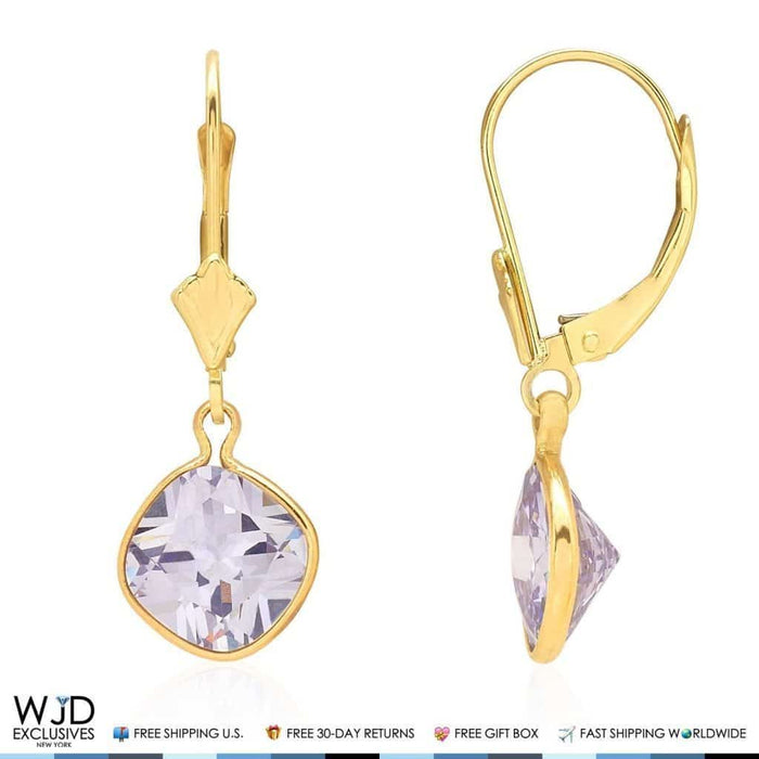 14k Yellow Gold Square Bezel Birthstone Drop Leverback Earrings 1"