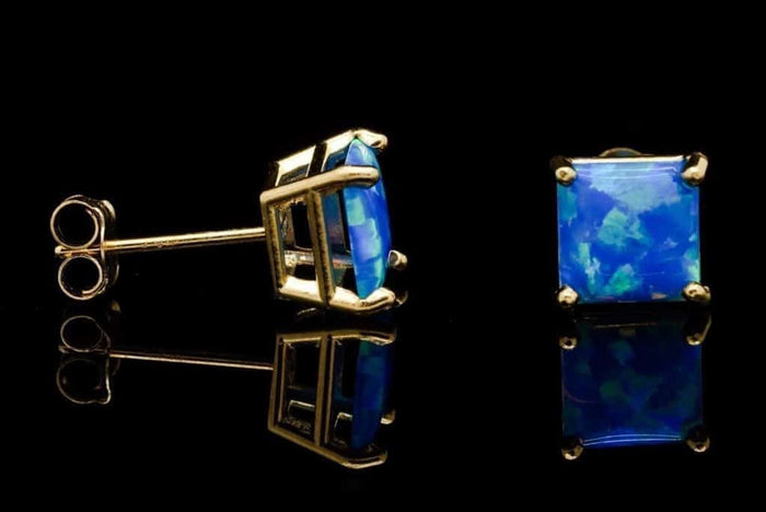Blue Simulated Opal 14K Yellow Gold Square Push Back Solitaire Stud Earrings 7mm