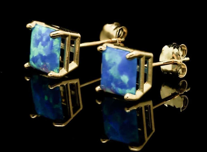 Blue Simulated Opal 14K Yellow Gold Square Push Back Solitaire Stud Earrings 7mm