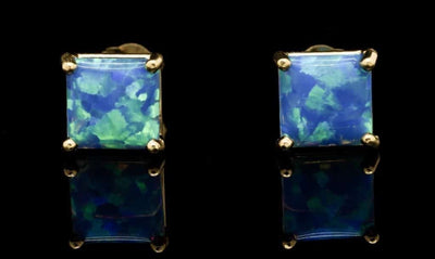 Blue Simulated Opal 14K Yellow Gold Square Push Back Solitaire Stud Earrings 7mm