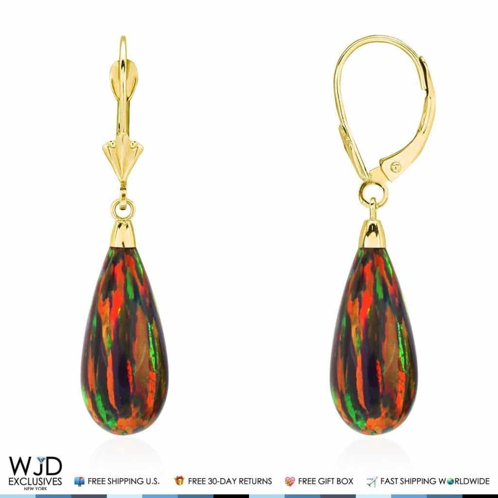 14k Yellow Gold Fire Opal Teardrop  Leverback Earrings 1.5"