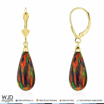 14k Yellow Gold Fire Opal Teardrop  Leverback Earrings 1.5"