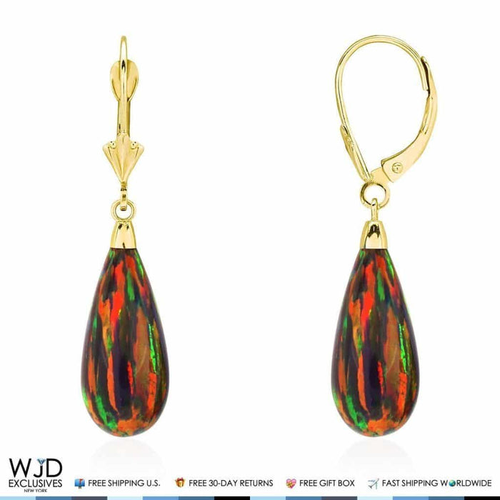 14k Yellow Gold Fire Opal Teardrop Leverback Earrings 1.5"