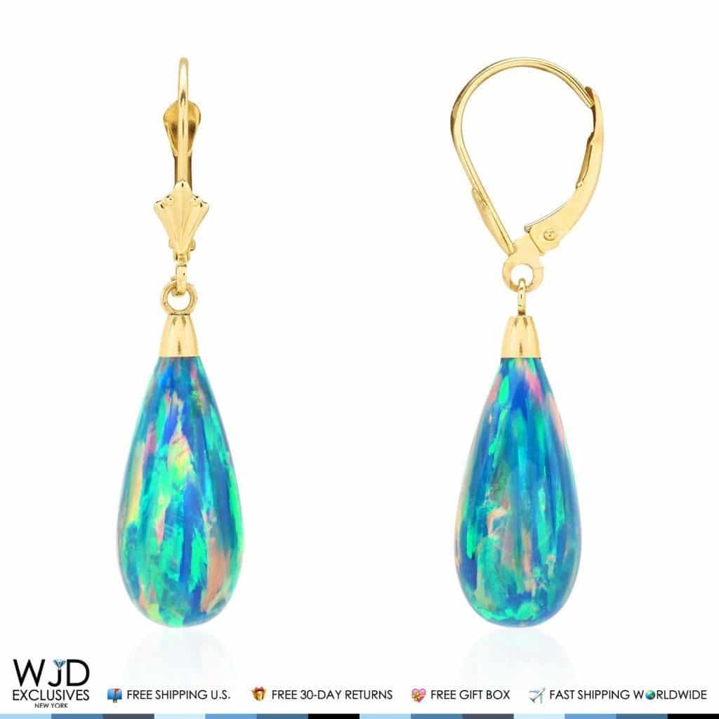 14k Yellow Gold Fire Opal Teardrop  Leverback Earrings 1.5"
