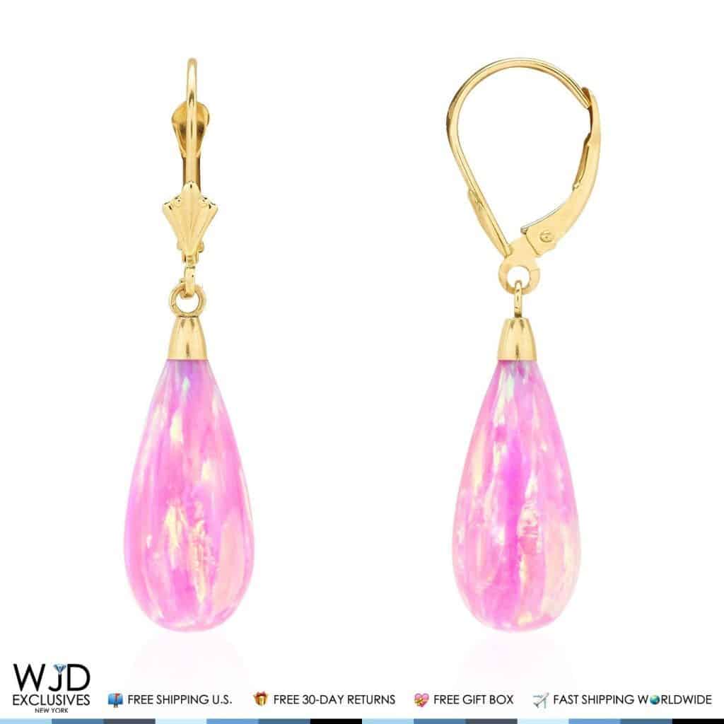 14k Yellow Gold Fire Opal Teardrop  Leverback Earrings 1.5"