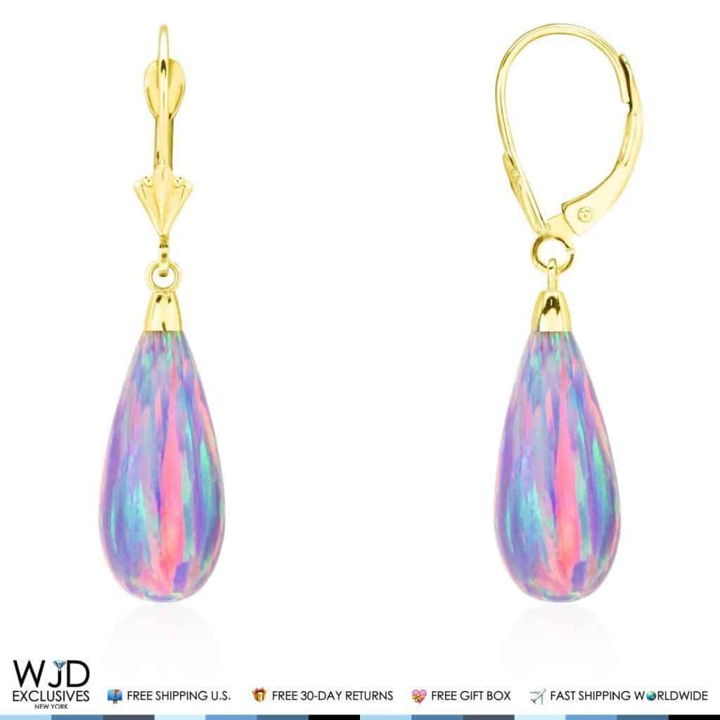 14k Yellow Gold Fire Opal Teardrop  Leverback Earrings 1.5"