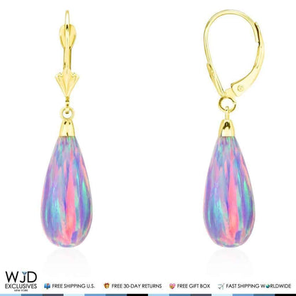 14k Yellow Gold Fire Opal Teardrop  Leverback Earrings 1.5"