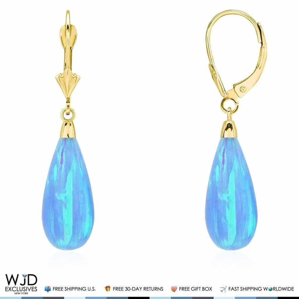 14k Yellow Gold Fire Opal Teardrop  Leverback Earrings 1.5"