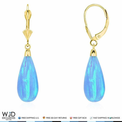 14k Yellow Gold Fire Opal Teardrop Leverback Earrings 1.5"