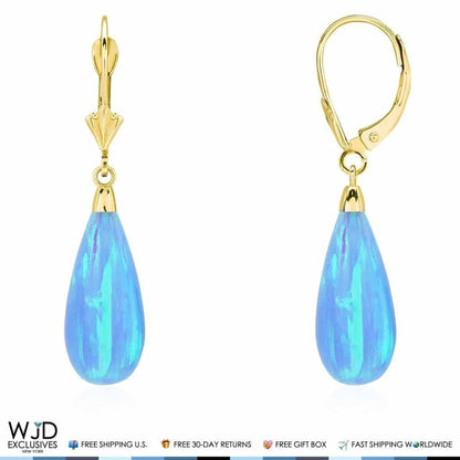 14k Yellow Gold Fire Opal Teardrop  Leverback Earrings 1.5"