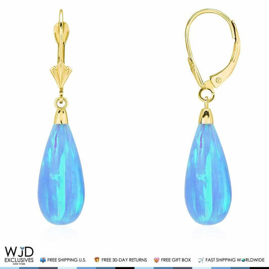 14k Yellow Gold Fire Opal Teardrop  Leverback Earrings 1.5"