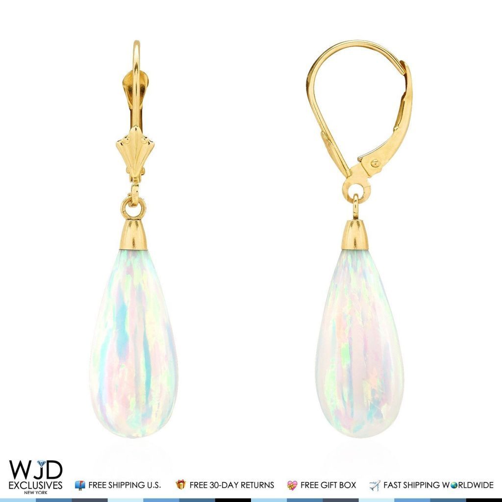 14k Yellow Gold Fire Opal Teardrop  Leverback Earrings 1.5"