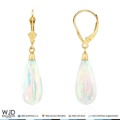14k Yellow Gold Fire Opal Teardrop  Leverback Earrings 1.5"