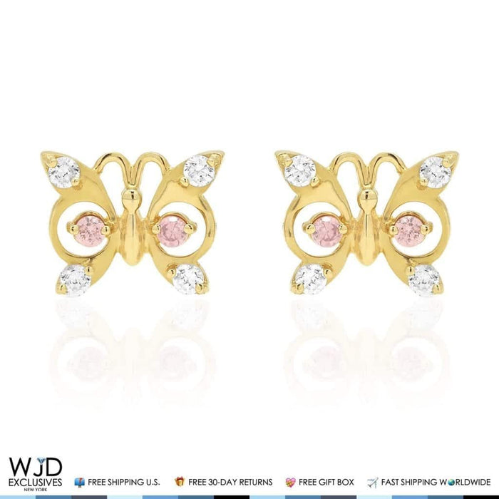 14K Yellow Gold White Zircon & Birthstone Butterfly Screw Back Stud Earrings
