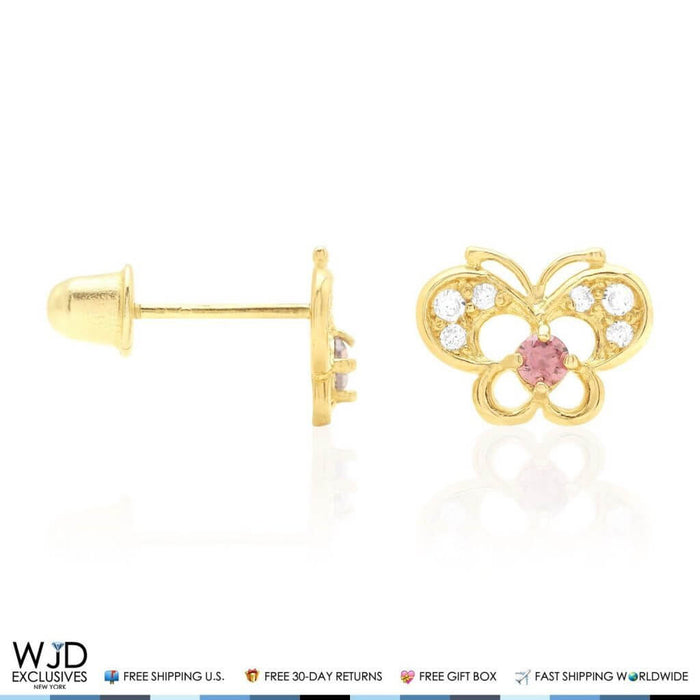 14k Yellow Gold Pave Birthstone Butterfly Screw Back Stud Kid Earrings