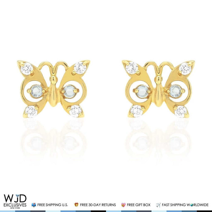 14K Yellow Gold White Zircon & Birthstone Butterfly Screw Back Stud Earrings