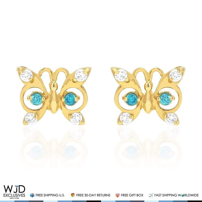 14K Yellow Gold White Zircon & Birthstone Butterfly Screw Back Stud Earrings