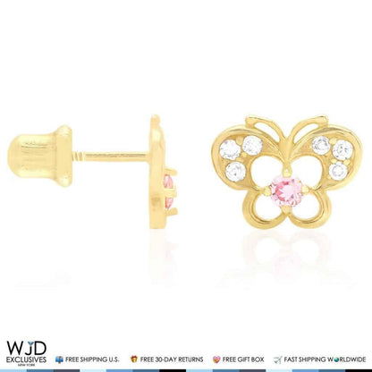 14k Yellow Gold Pave Birthstone Butterfly Screw Back Stud Kid Earrings