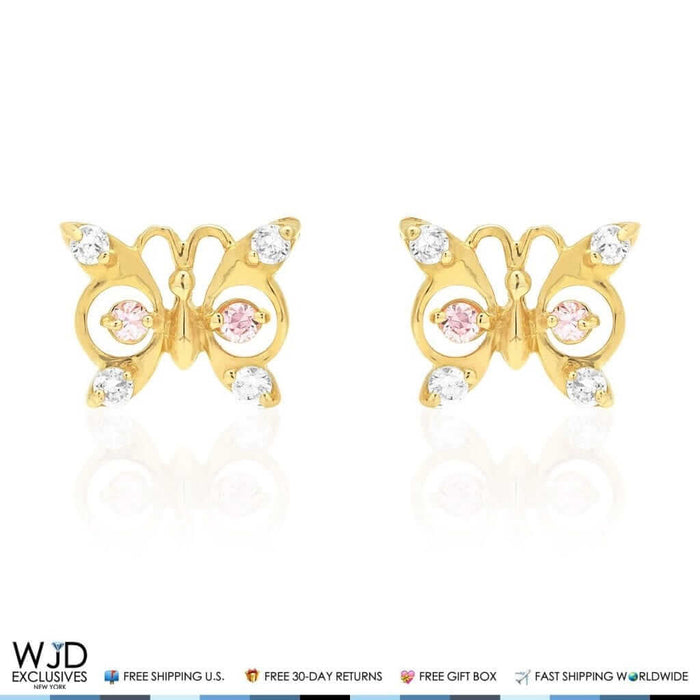 14K Yellow Gold White Zircon & Birthstone Butterfly Screw Back Stud Earrings