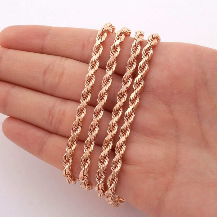 14K Rose Gold 2mm-7mm Diamond-Cut Rope Chain (Solid Links) 20"-30"