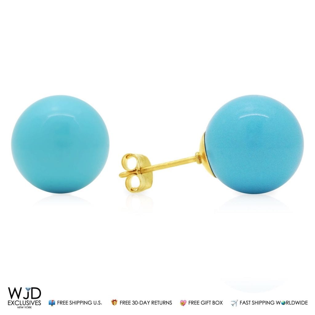 14k Real Yellow Gold Blue Man-Made Turquoise Push back Ball Stud Earrings 10mm