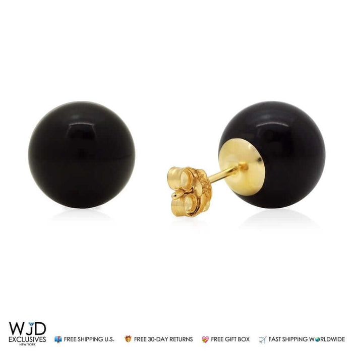 14k Real Yellow Gold Black Onyx Push back Ball Stud Earrings 9mm