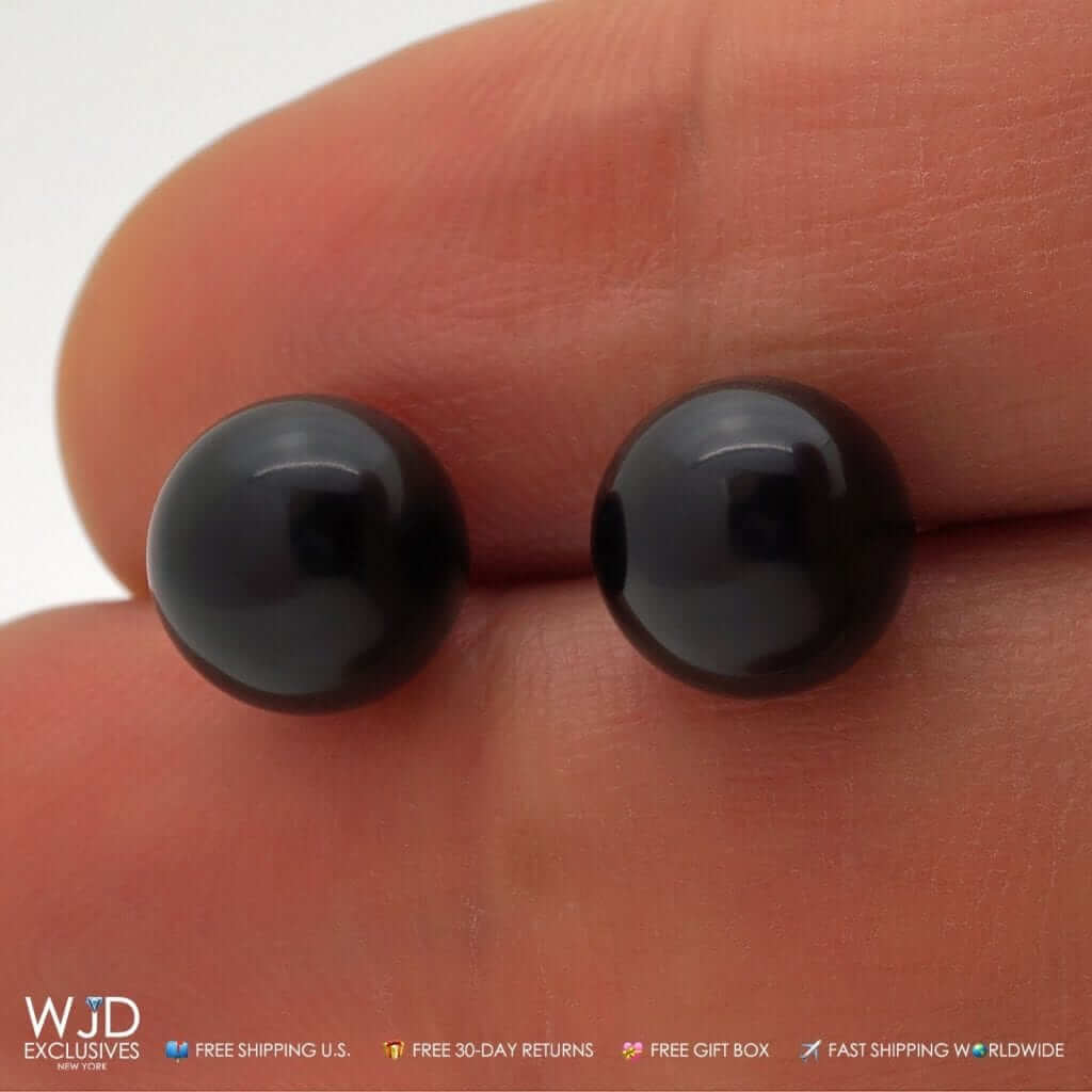 14k Real Yellow Gold Black Onyx Push back Ball Stud Earrings 9mm