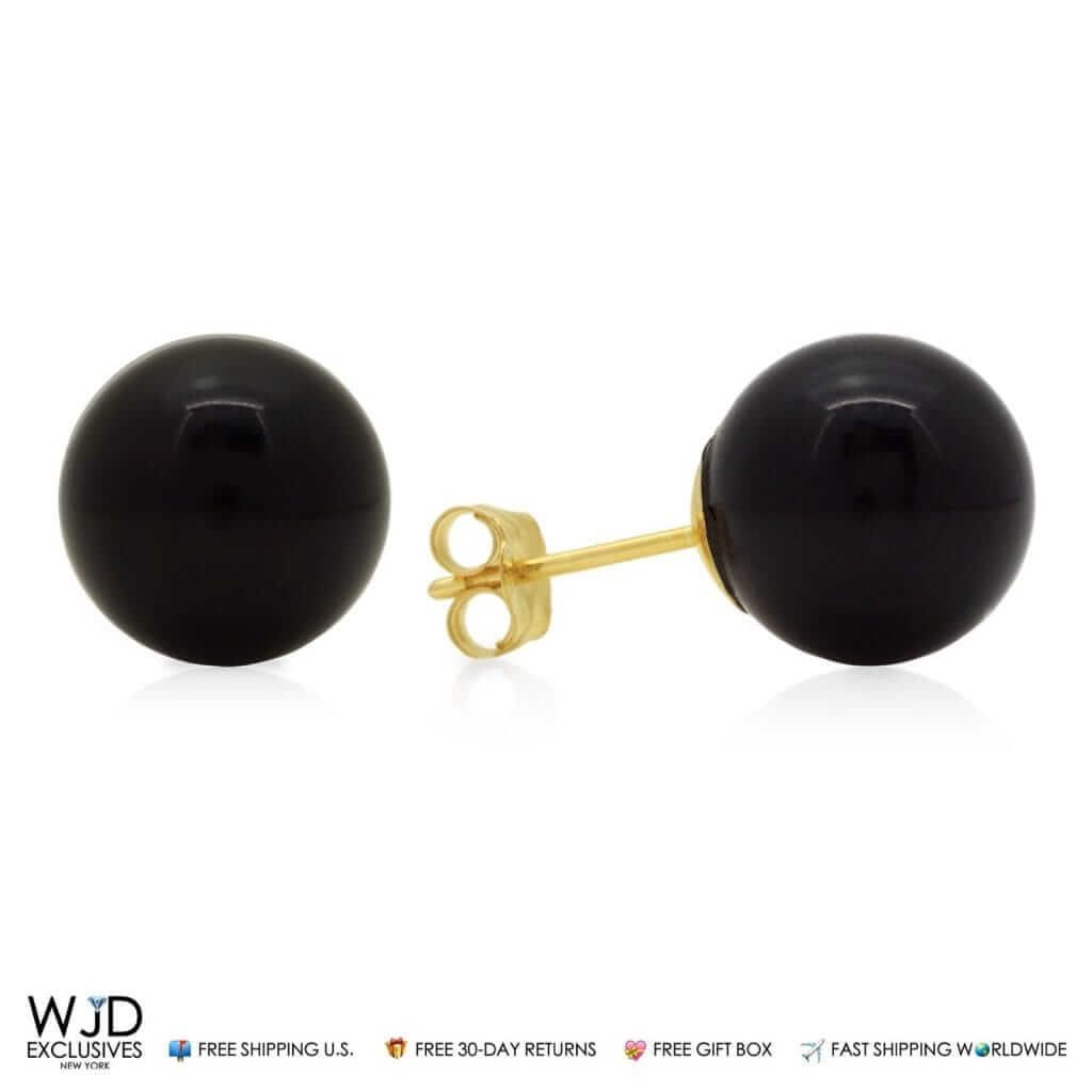 14k Real Yellow Gold Black Onyx Push back Ball Stud Earrings 9mm