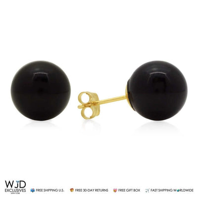 14k Real Yellow Gold Black Onyx Push back Ball Stud Earrings 9mm