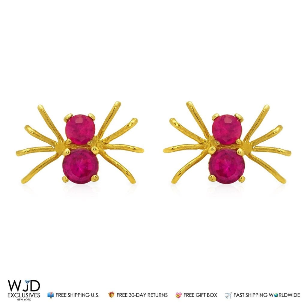 14k Yellow Gold Simulated Ruby July Birthstone Pushback Spider Stud Earrings 7mm