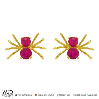 14k Yellow Gold Simulated Ruby July Birthstone Pushback Spider Stud Earrings 7mm