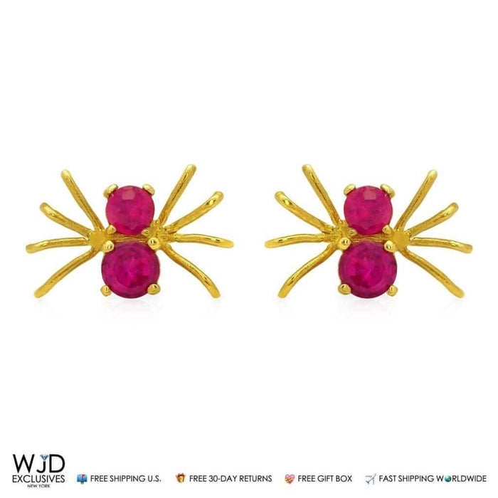 14k Yellow Gold Simulated Ruby July Birthstone Push Back Spider Stud Earrings 7mm