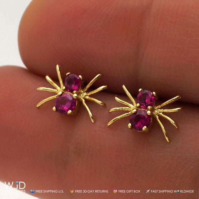 14k Yellow Gold Simulated Ruby July Birthstone Push Back Spider Stud Earrings 7mm