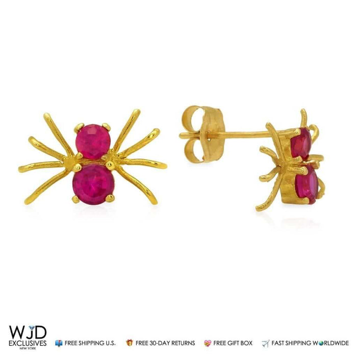 Celebrate July with 7mm spider stud earrings featuring simulated ruby stones in 14K yellow gold. Unique pushback style with birthstone charm. Shop now!