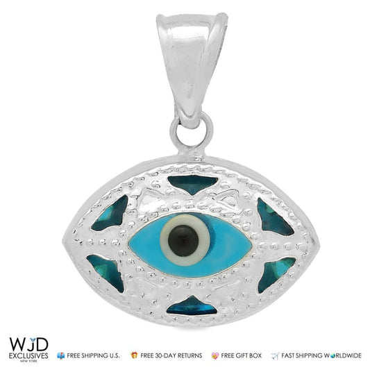 Solid 14k White Gold Evil Eye Good Luck Charm Pendant 20mm