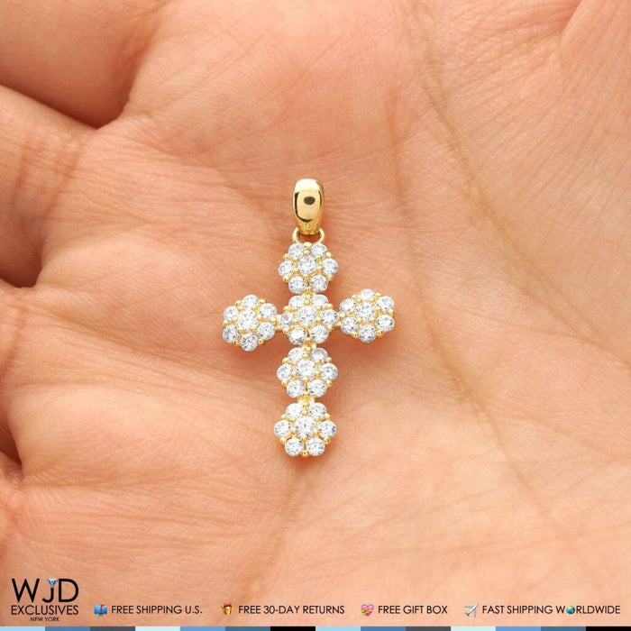 14k Solid Yellow White Gold 0.85Ct CZ Flower Design Cross Pendant