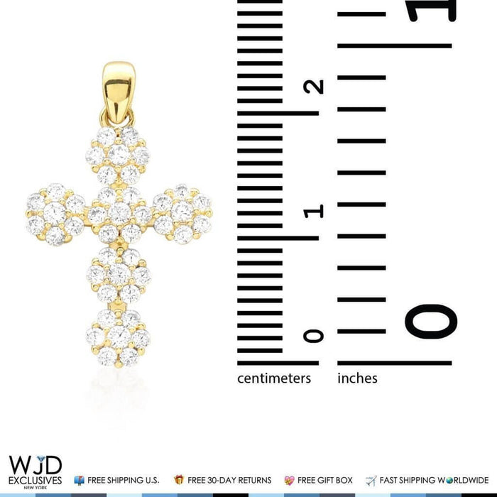 14k Solid Yellow White Gold 0.85Ct CZ Flower Design Cross Pendant