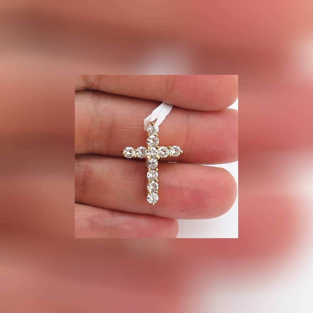 1.45CT Round Natural Diamond 14K Yellow Gold Cross Religious Pendant