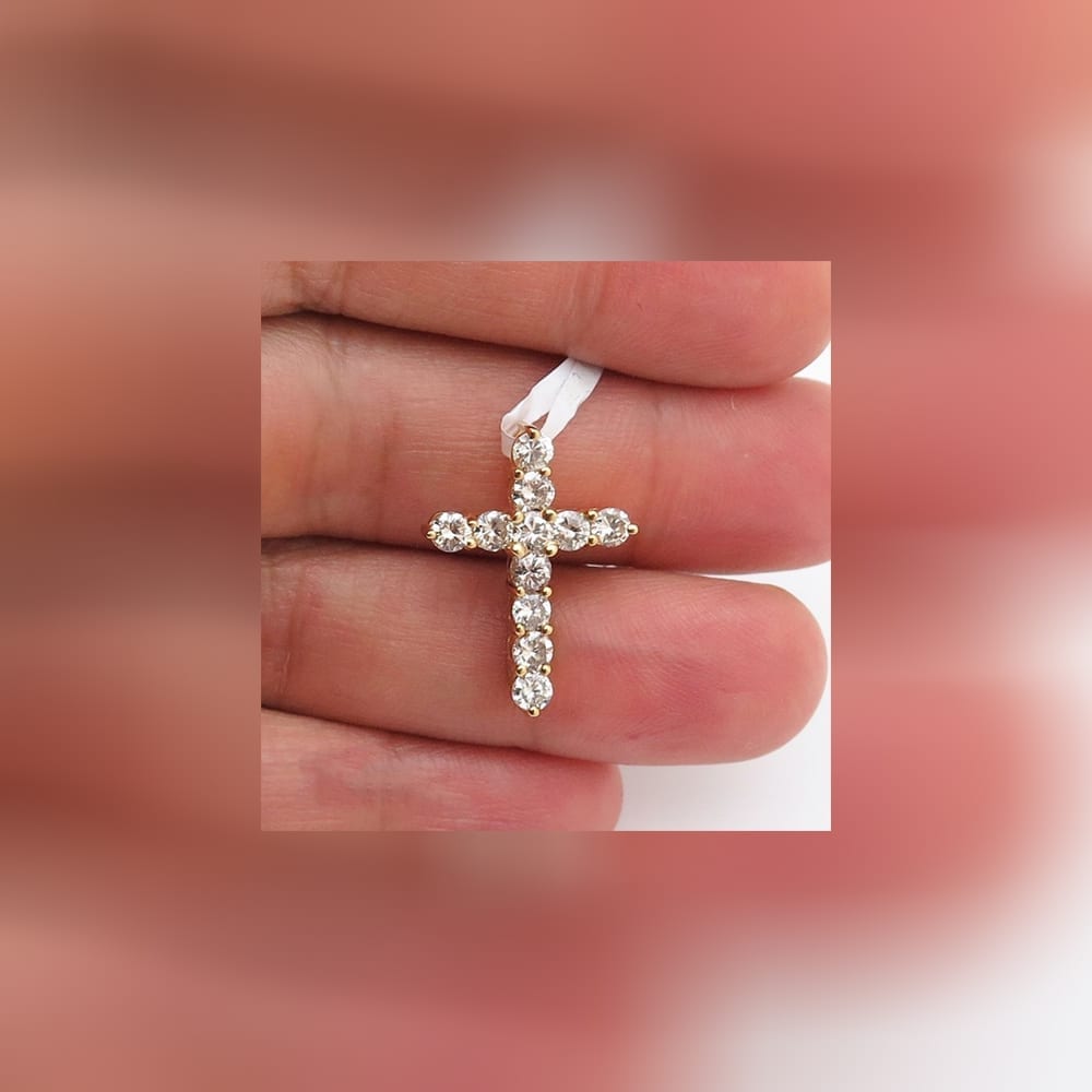 1.45CT Round Real Diamond Solid 14k Yellow Gold Cross Religious Charm Pendant