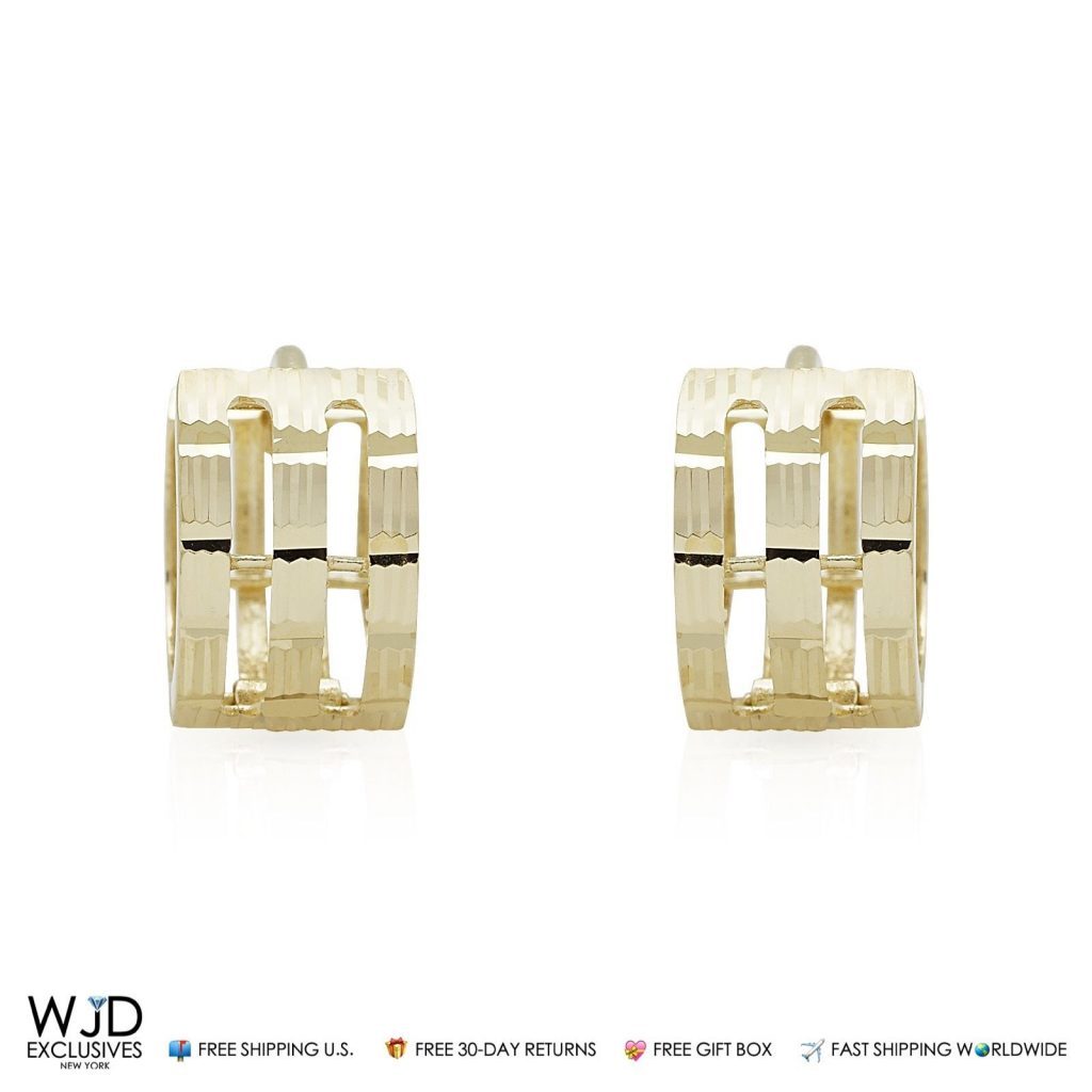 14k Solid Yellow Gold 6mm Wide Diamond Cut Huggie Hoop Earrings 10.5mm