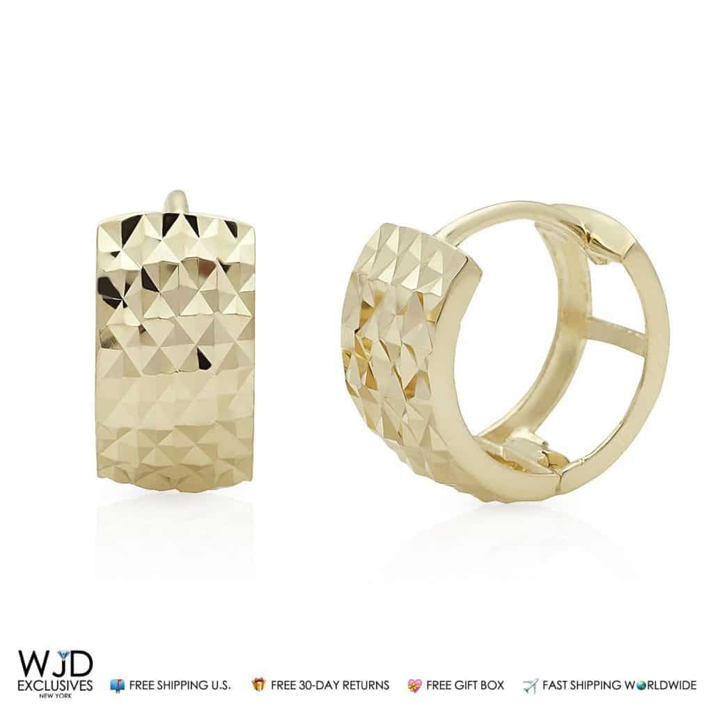 14k Solid Yellow Gold Diamond Cut Huggie Hoop Earrings 12mm