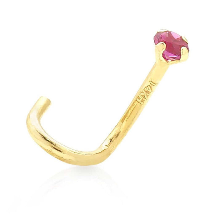 Real 14K Gold Bezel Ruby Nose Twist Screw Bone Ring Body Piercing