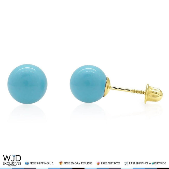 14k Yellow Gold Blue Turquoise Screw Back Ball Stud Earrings 3mm-8mm